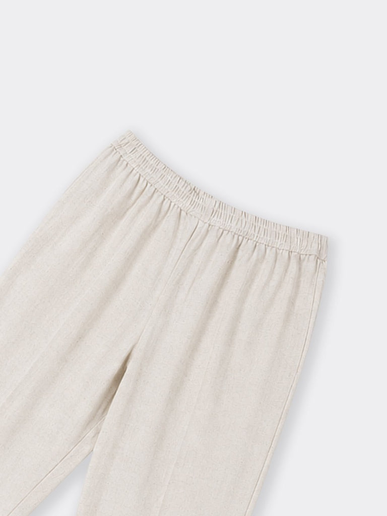 Utsa Beige Solid Cotton-Blend Pants