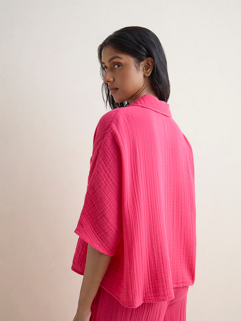 Wunderlove Fuchsia Crinkle-Textured Cotton Beach Shirt