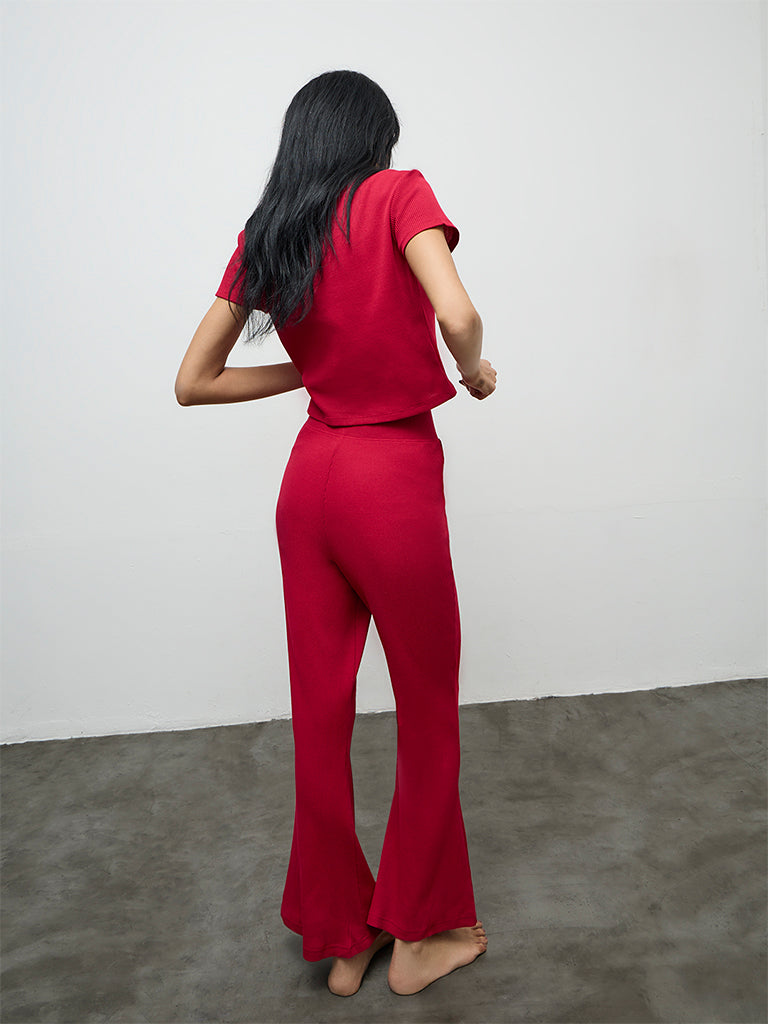Superstar Red Waffle-Textured High-Rise Pants