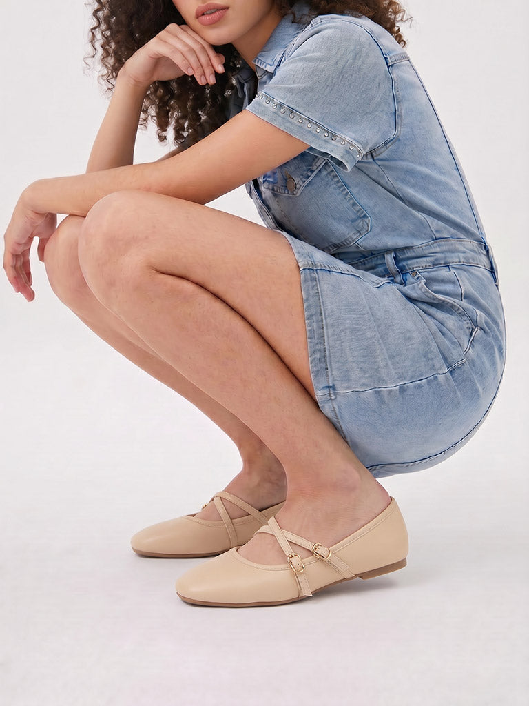 LUNA BLU Light Taupe Criss-Cross Strap Mary Jane Shoes
