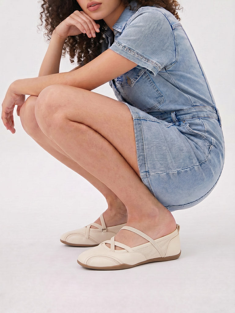 LUNA BLU Cream Mesh-Detail Mary Jane Shoes