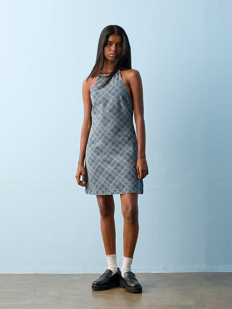 checkered denim dress Women's Plaid Denim Mini Shift Dress by Gap Light Indigo Plaid Size XXL