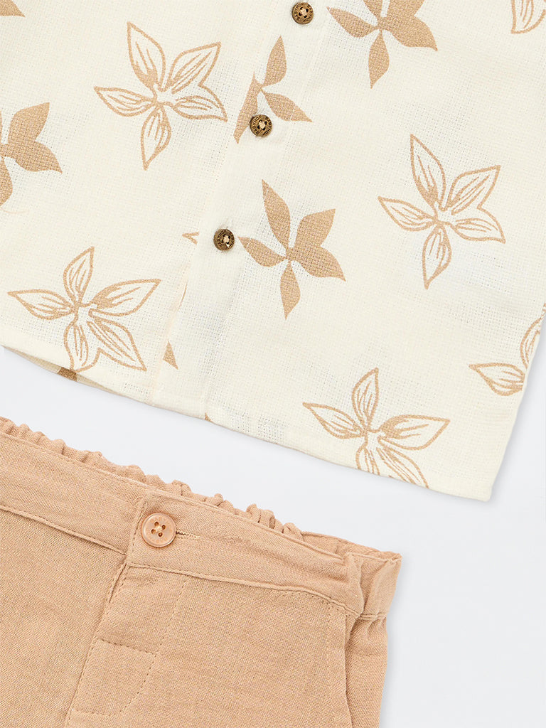 HOP Baby Boys Light Brown Floral Cotton Shirt and Trouser Set
