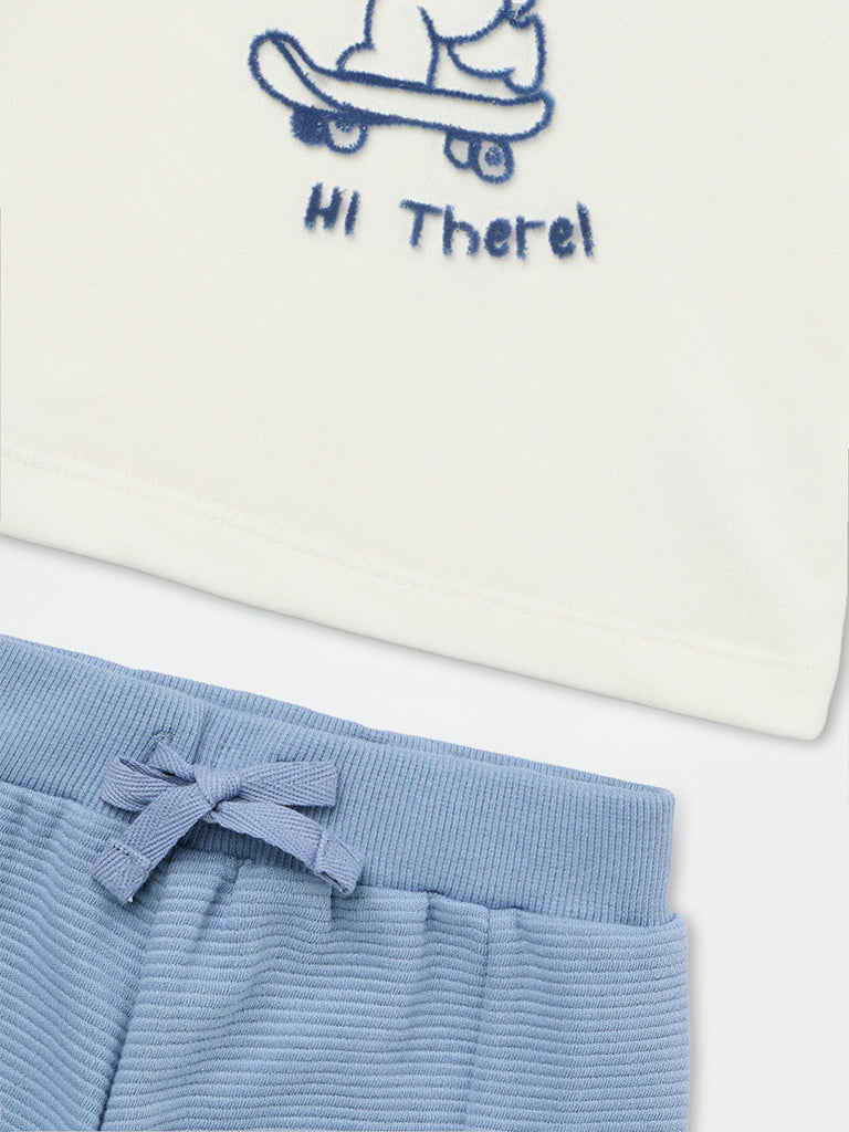 HOP Baby Boys Blue Teddy Cotton-Blend T-Shirt and Joggers Cotton Set