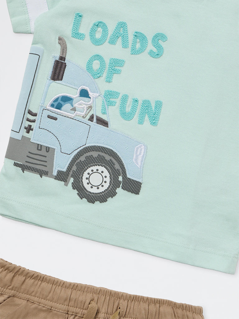 HOP Baby Boys Mint Graphic Printed Cotton T-Shirt and Shorts Set