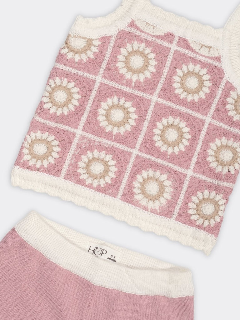 HOP Baby Girls Pink Crochet Pattern Cotton-Blend Top And Shorts Set