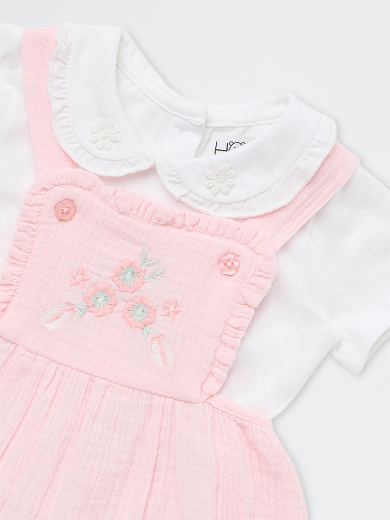 HOP Baby Girls Pink Floral Embroidered Cotton Pinafore and T-Shirt Set