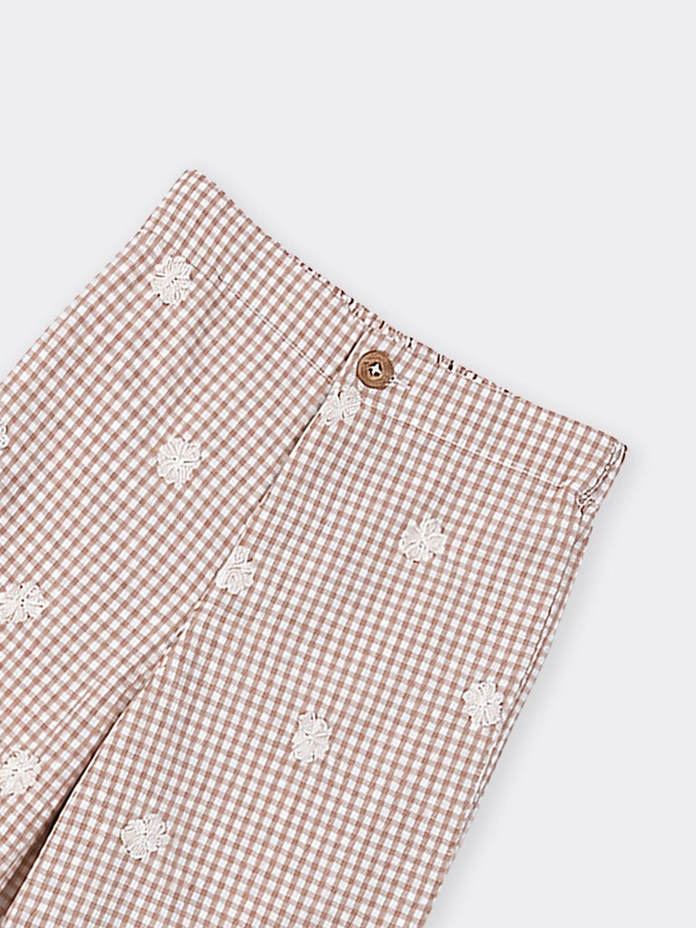 Hop Kids Girls Neutral Embroidered Gingham Check Wide-Leg Cotton Trousers