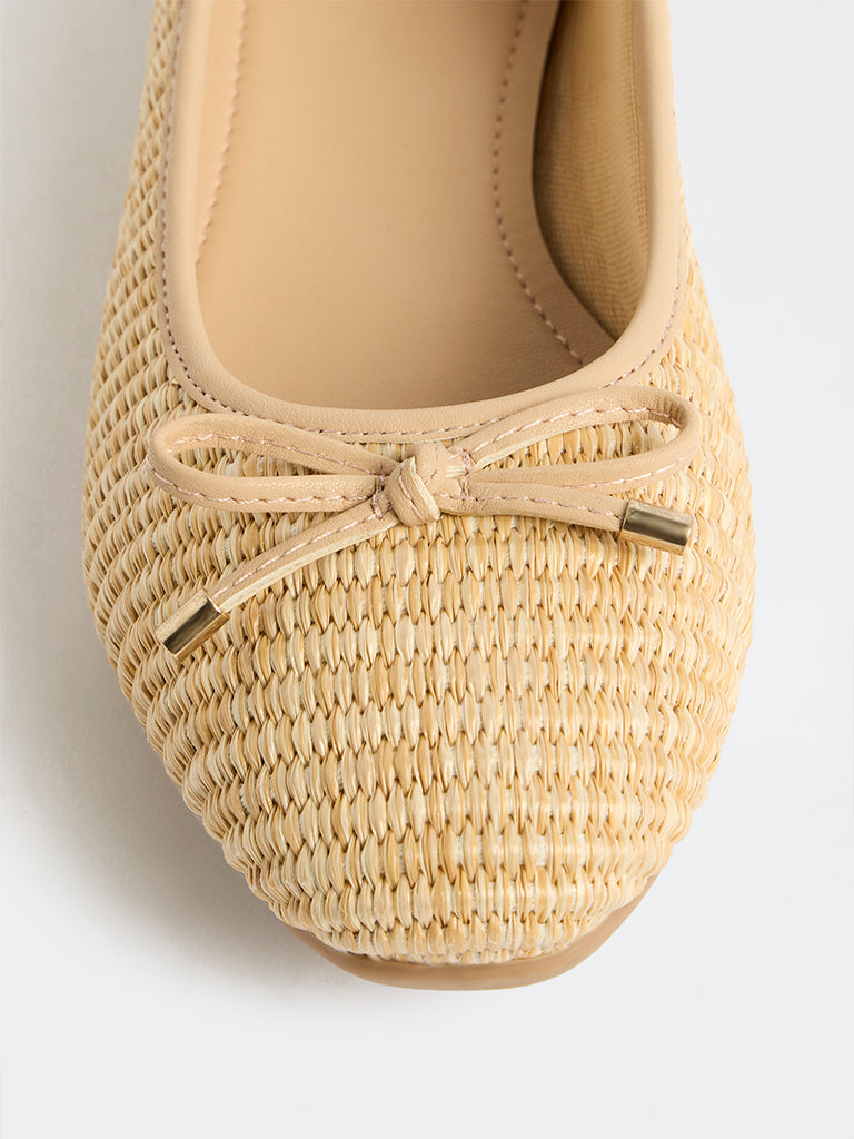 LUNA BLU Beige Bow-Detail Rafia Ballerinas