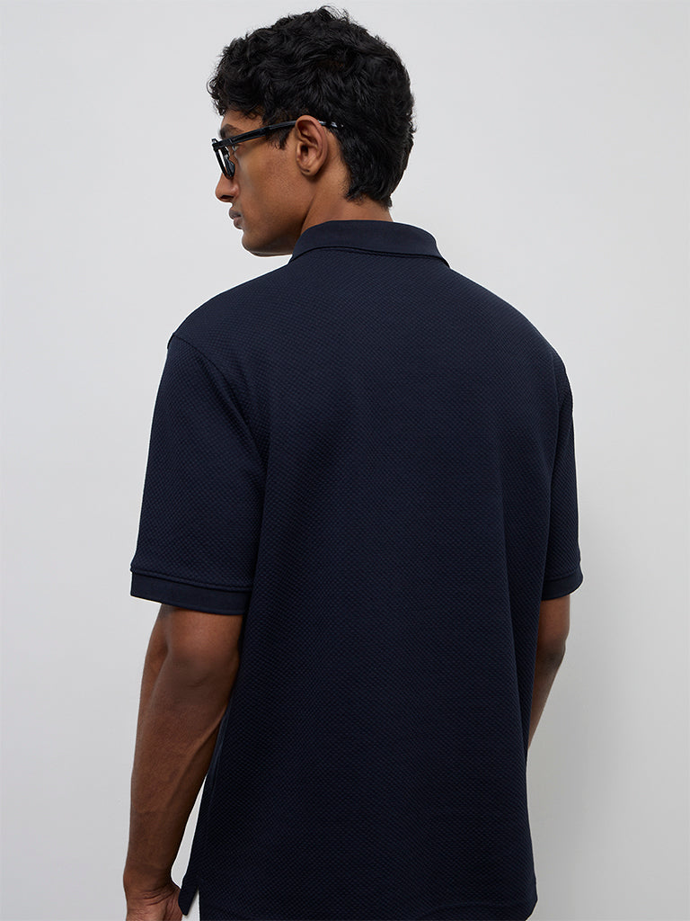 WES Casuals Navy Textured Relaxed-Fit Polo T-Shirt