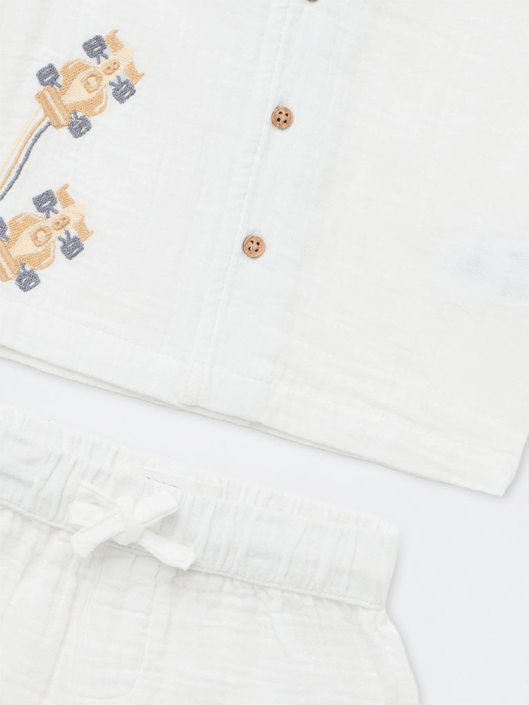 HOP Baby Boys White Embroidered Cotton Shirt and Shorts Set