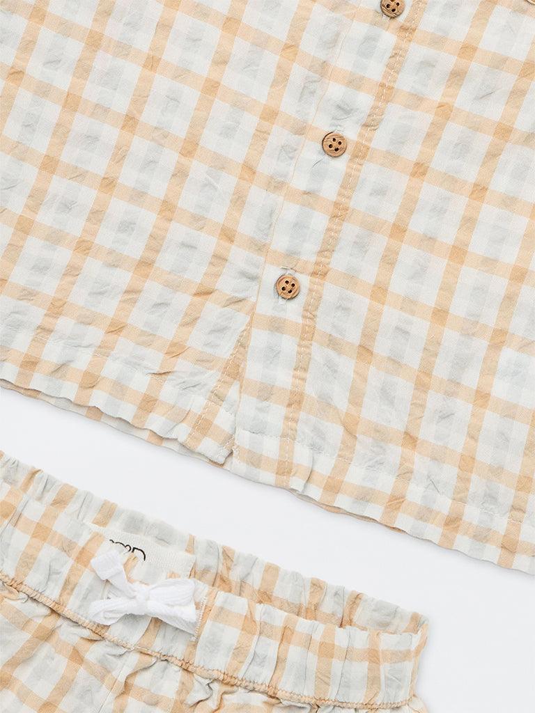 HOP Baby Boys Peach Checkered Cotton Shirt and Shorts Set