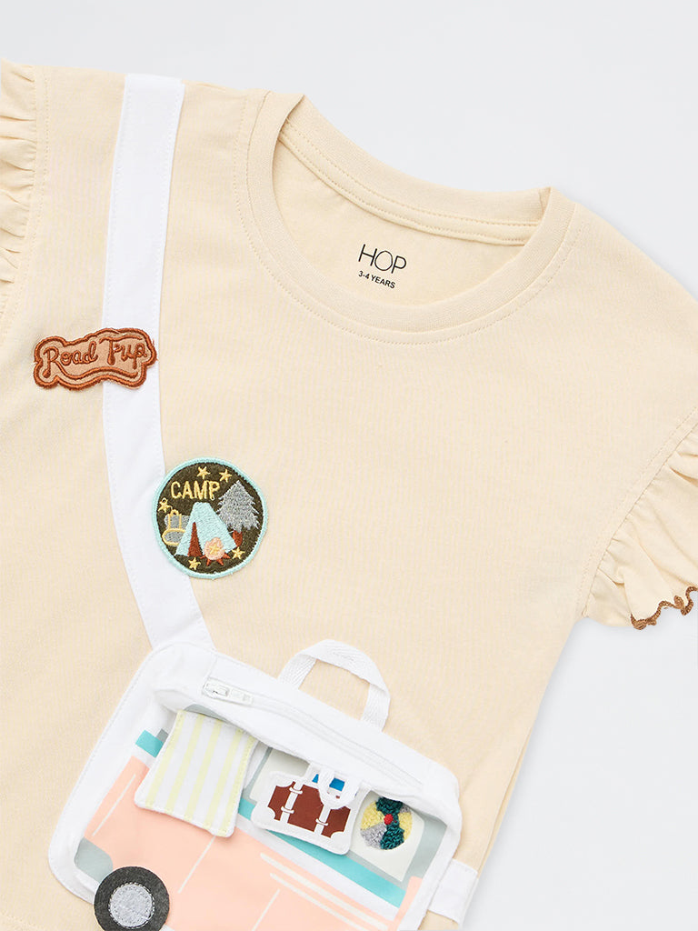 HOP Kids Girls Light Beige Camping-Inspired Cotton Top