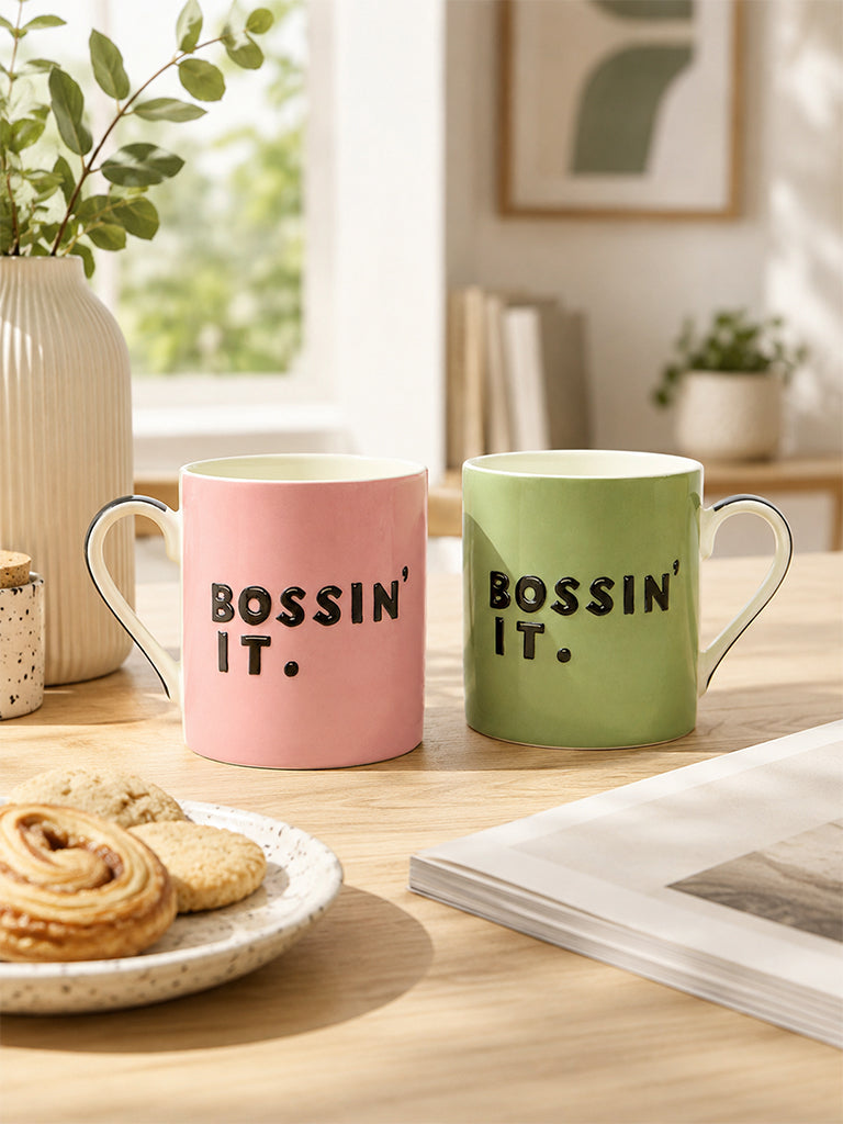 Westside Home Green and Pink Text Printed Mugs - Set of 2