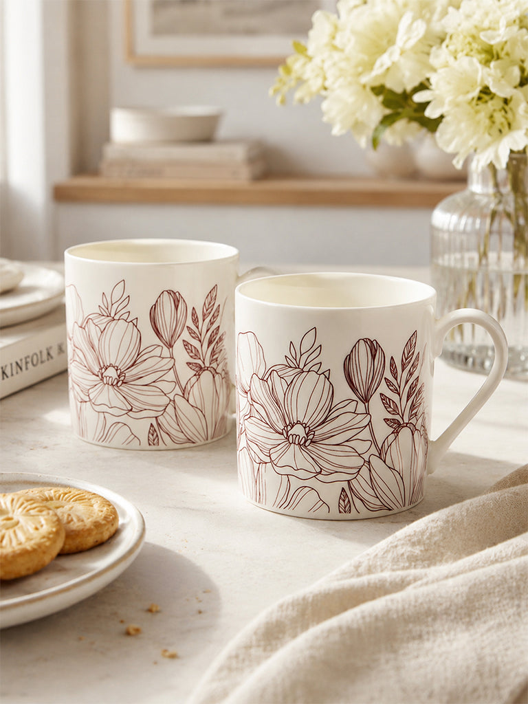 Westside Home White Floral Printed Mugs - Set of 2