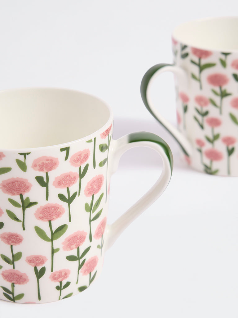 Westside Home White Floral Printed Mugs - Set of 2