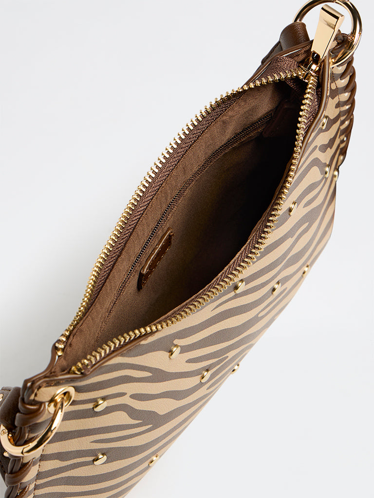 Westside Brown Animal Printed Stud-Detailed Shoulder Bag