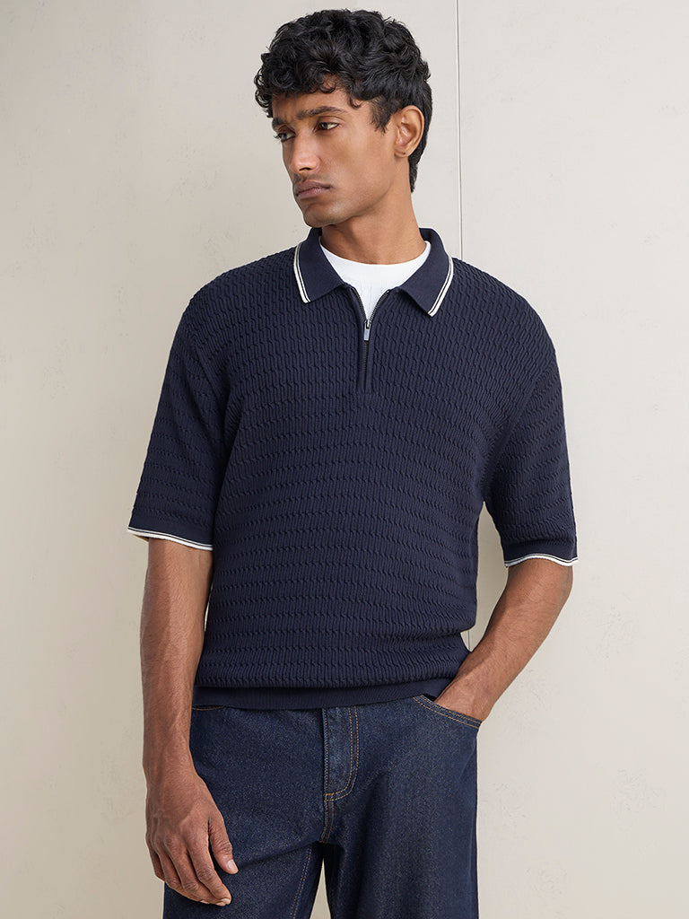 トップス tdk_void polo Buy Navy Blue Textured Smart Zip Neck Polo Shirt from Next India