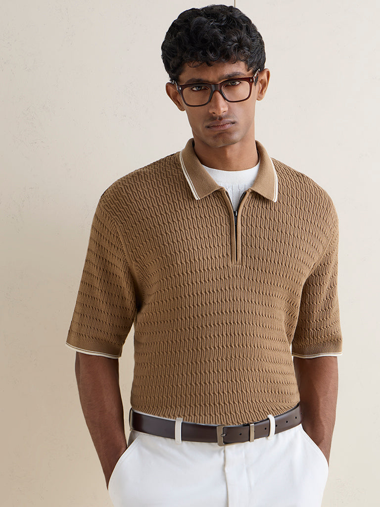 Buy Ascot Taupe Relaxed-Fit Cotton Quarter-Zip Polo T-Shirt from