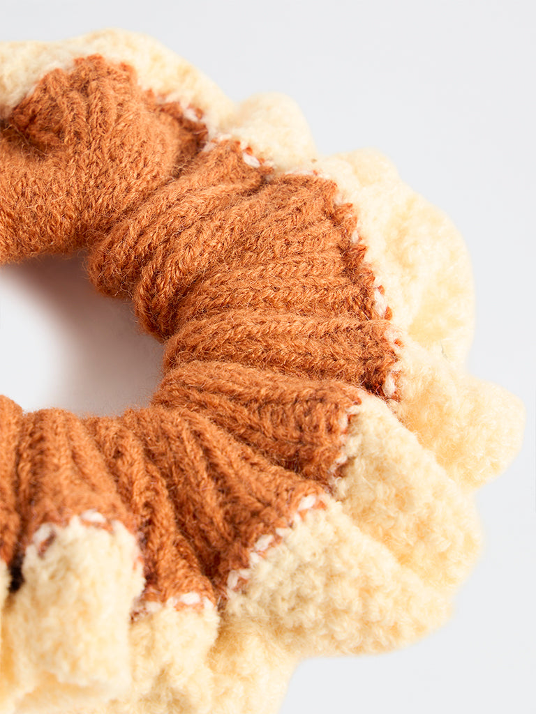 Westside Accessories Brown Colour-Blocked Crochet Scrunchie