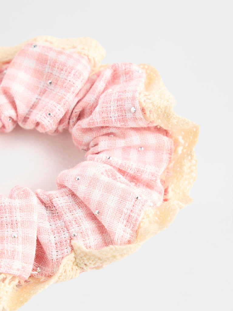 Westside Accessories Pink Checkered Lace-Trim Scrunchie