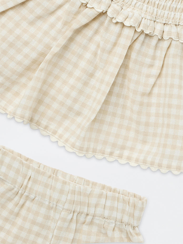 HOP Baby Girls Beige Checkered Cotton Top and Shorts Sets