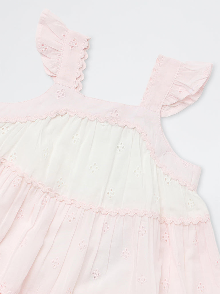 HOP Baby Girls Pink Schiffli Design Cotton Tiered Dress