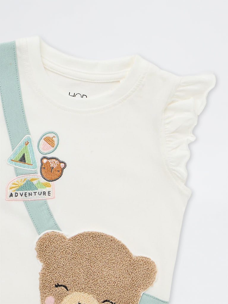 HOP Kids Girls Off-White Bear Appliqué Cotton Top
