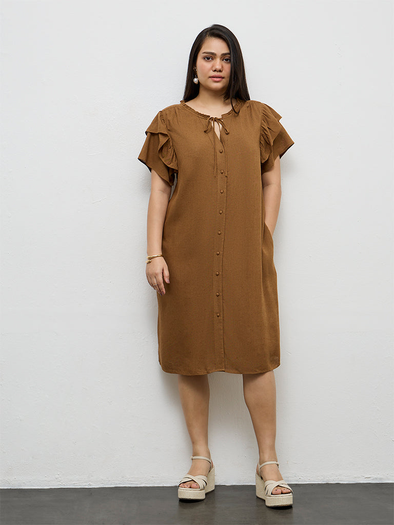 Buy Gia Brown Solid Cotton Straight Dress from Westside