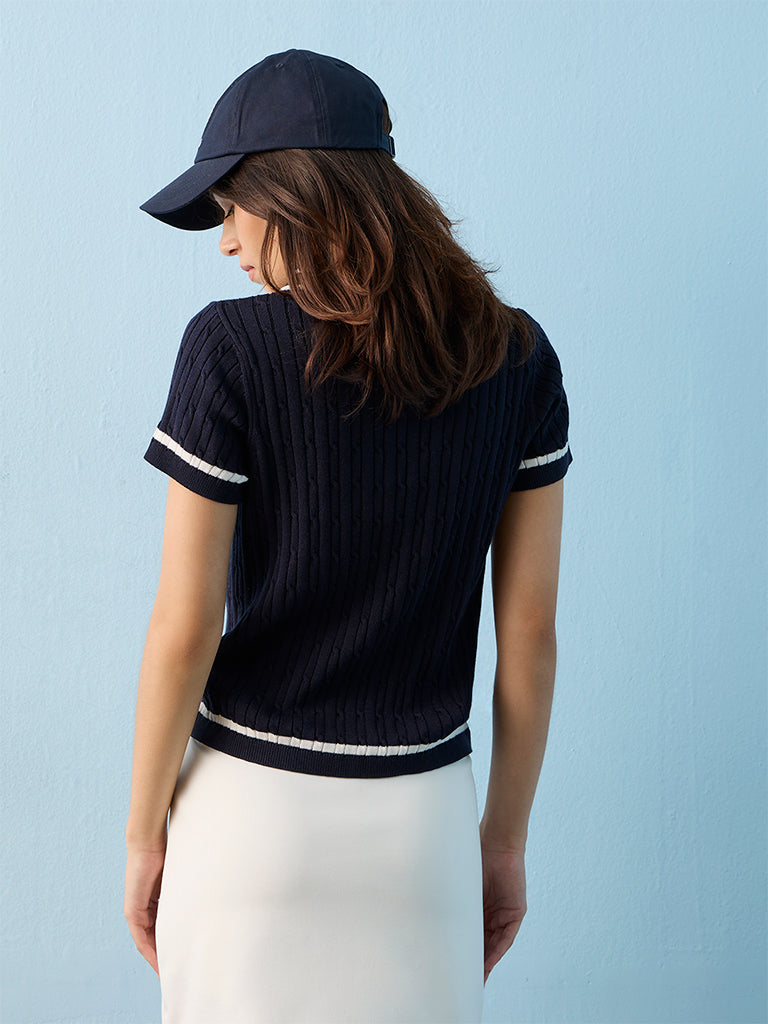 Nuoflexx Navy Cable-Knit Cotton-Blend T-Shirt
