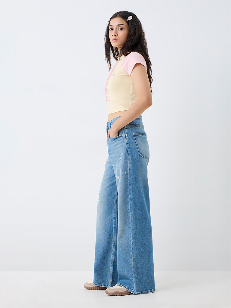 Nuon Blue Wash High-Waist Jeans with Distressed Details
