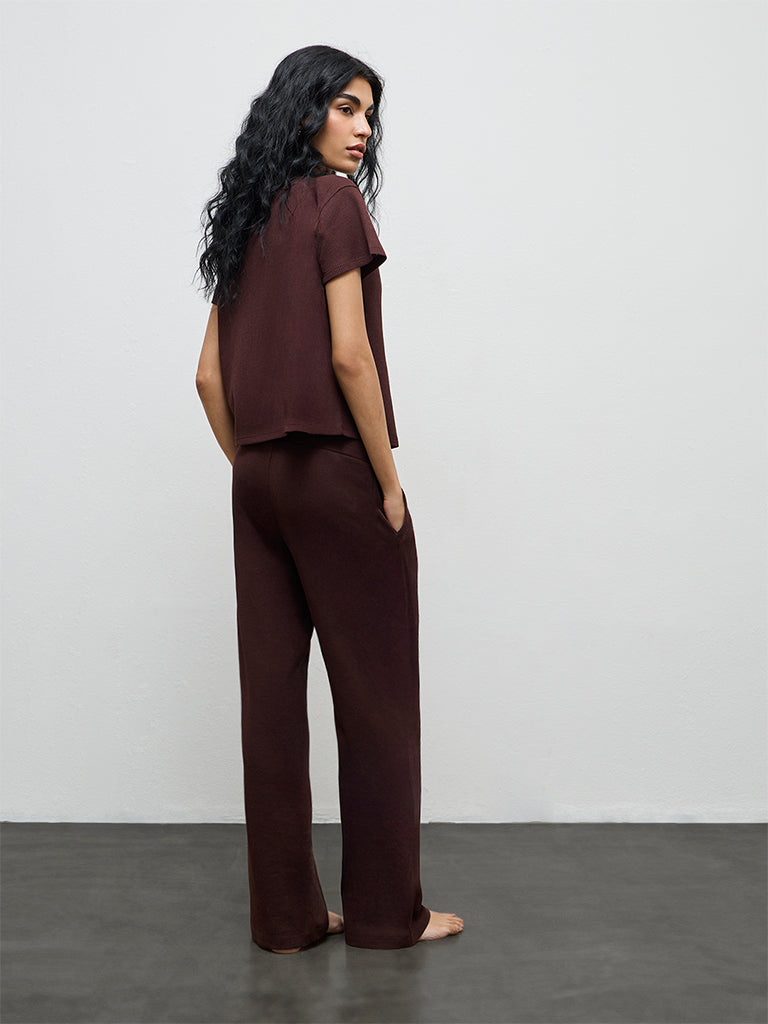 Superstar Brown Textured High-Rise Cotton Pants