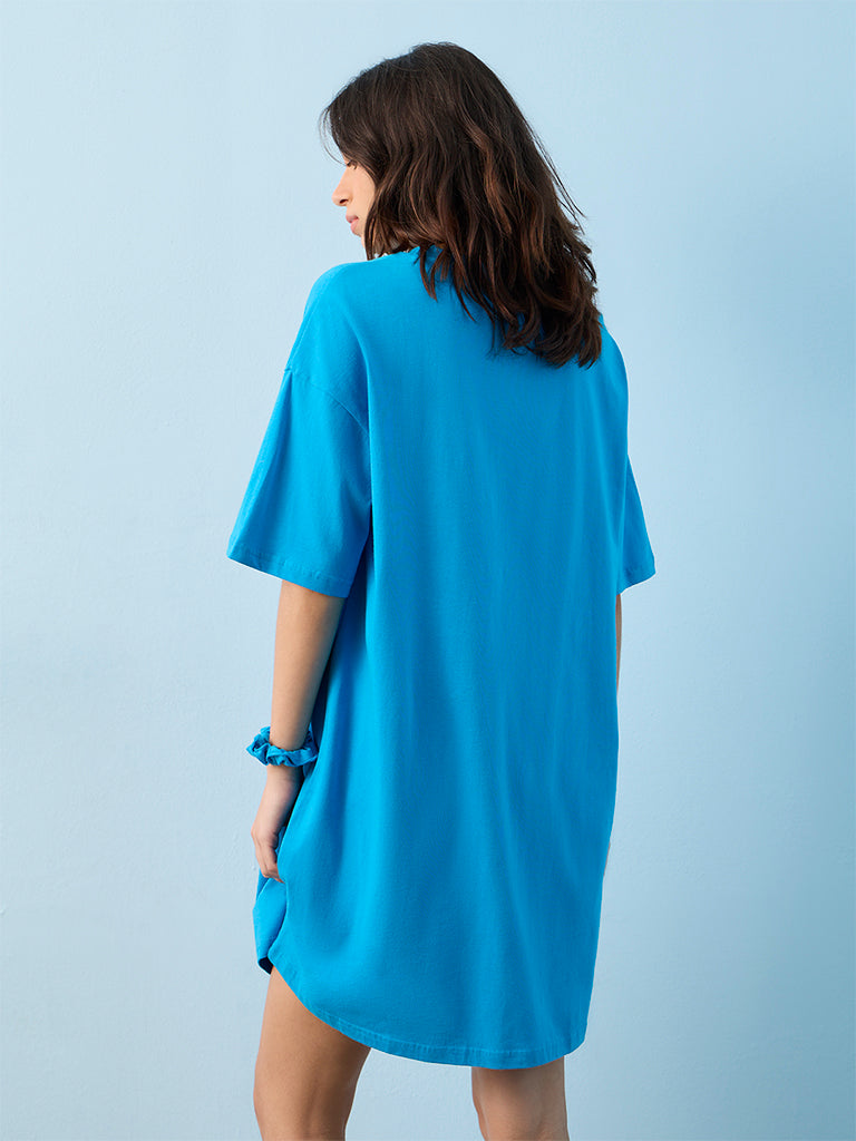 Superstar Blue Floral Printed Cotton T-Shirt Dress