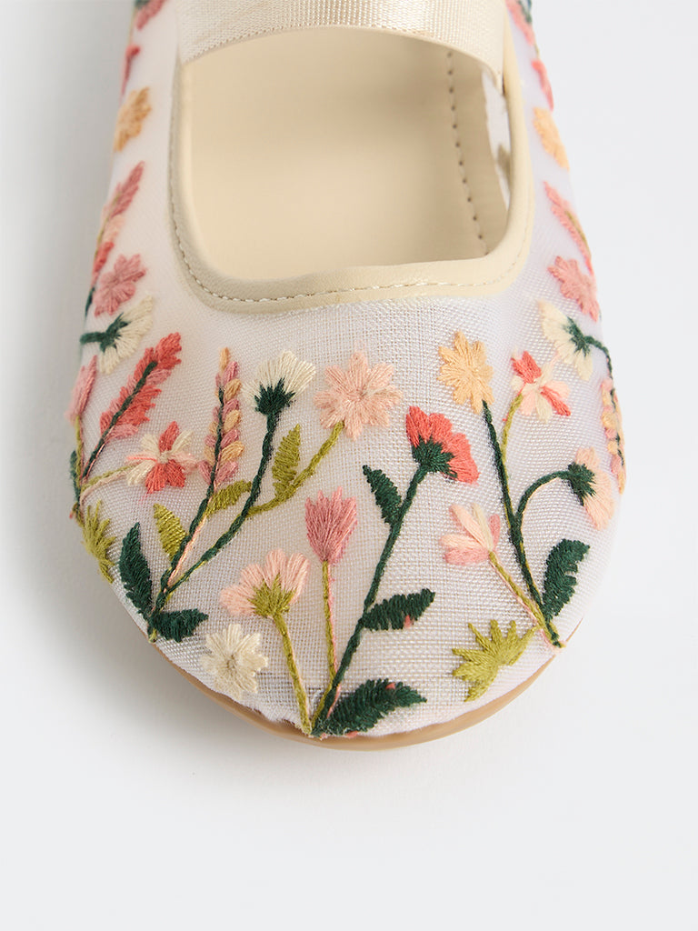 Yellow Pink Floral Embroidered Mary Jane Shoes