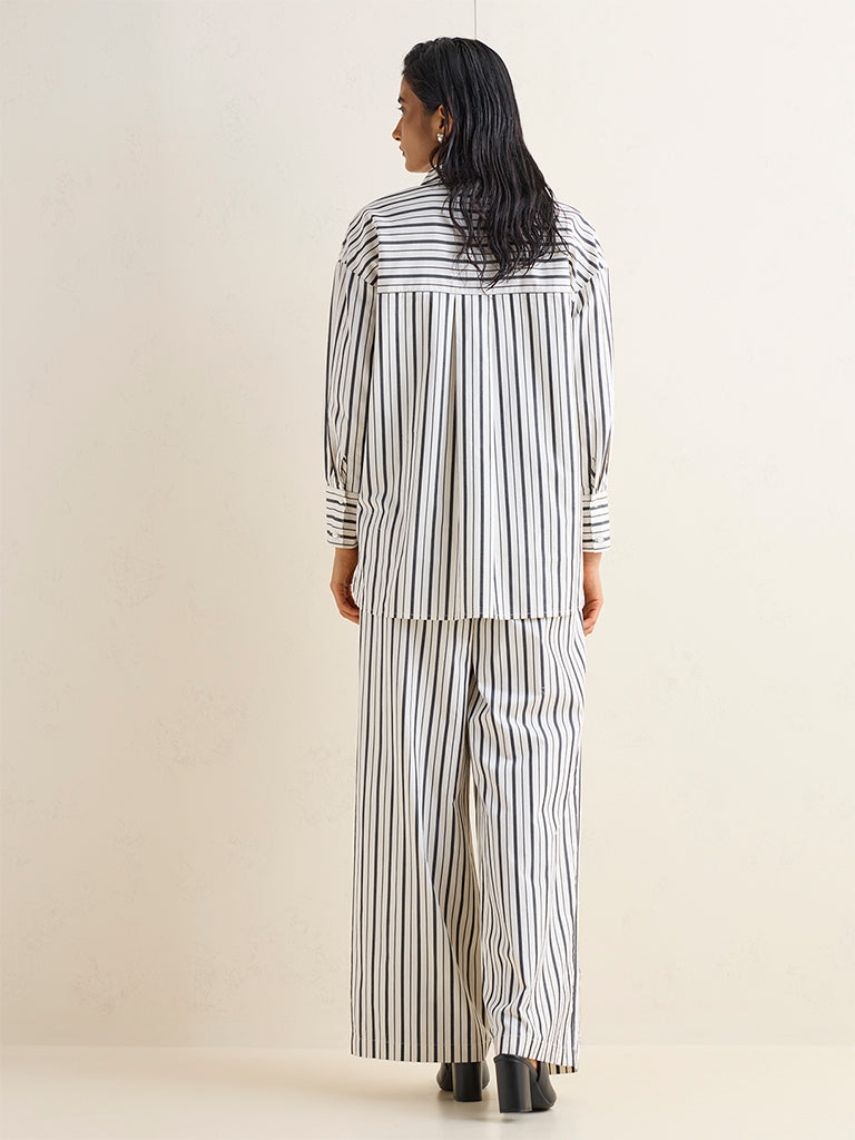 Wardrobe Off-White Diamante Embellished Striped Cotton High-Rise Pants