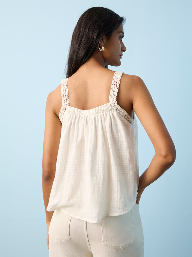 LOV Off-White Lace Detailed Linen-Blend Top