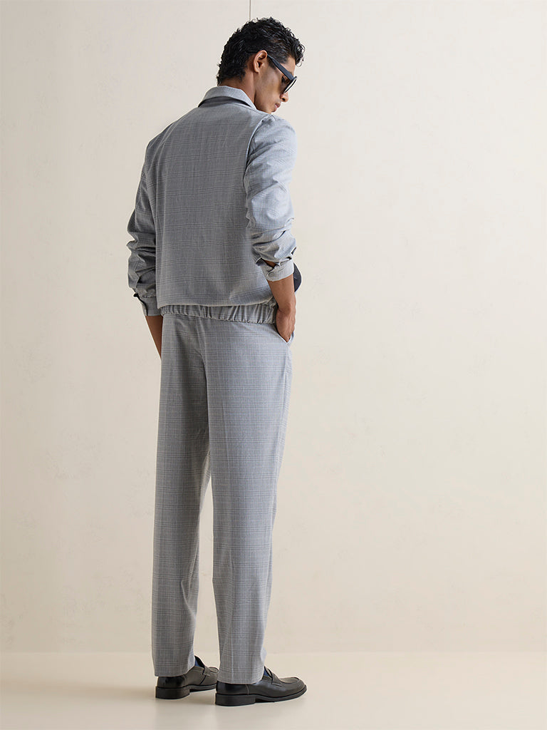 WES Formals Grey Plaid Checkered Relaxed-Fit Cotton Trousers