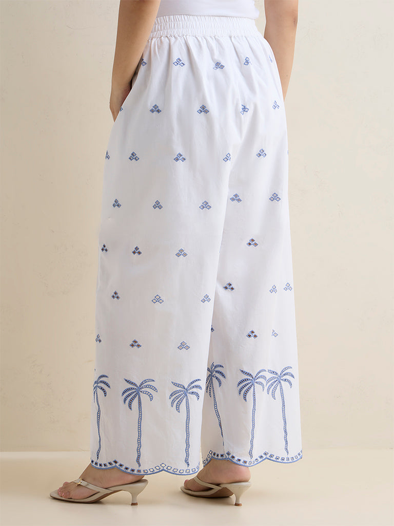 Diza White Embroidered Cotton Palazzos