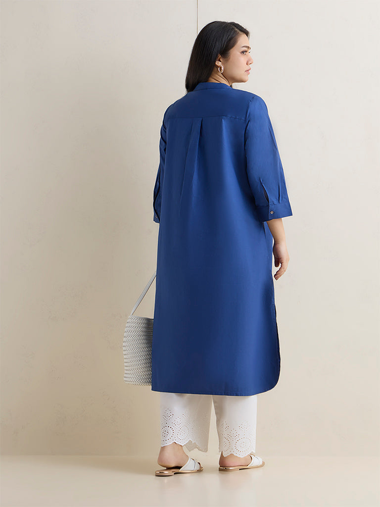 Diza Dark Blue Botanical Printed Cotton A-Line Kurta