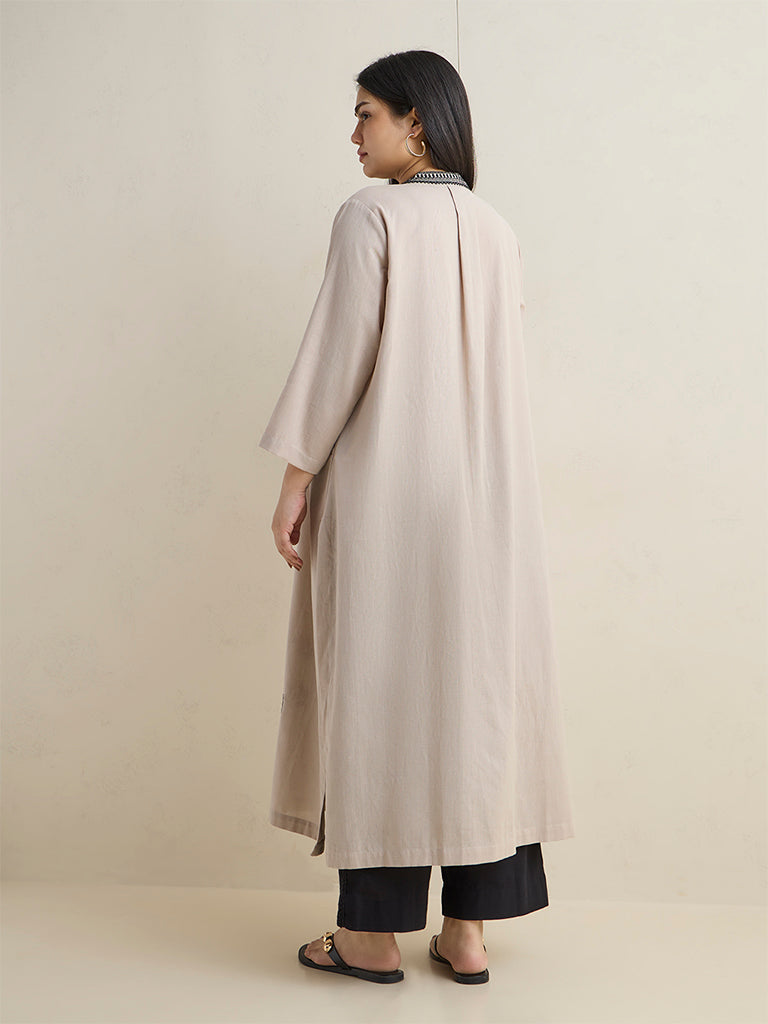 Diza Light Taupe Embroidered Cotton-Blend A-Line Kurta