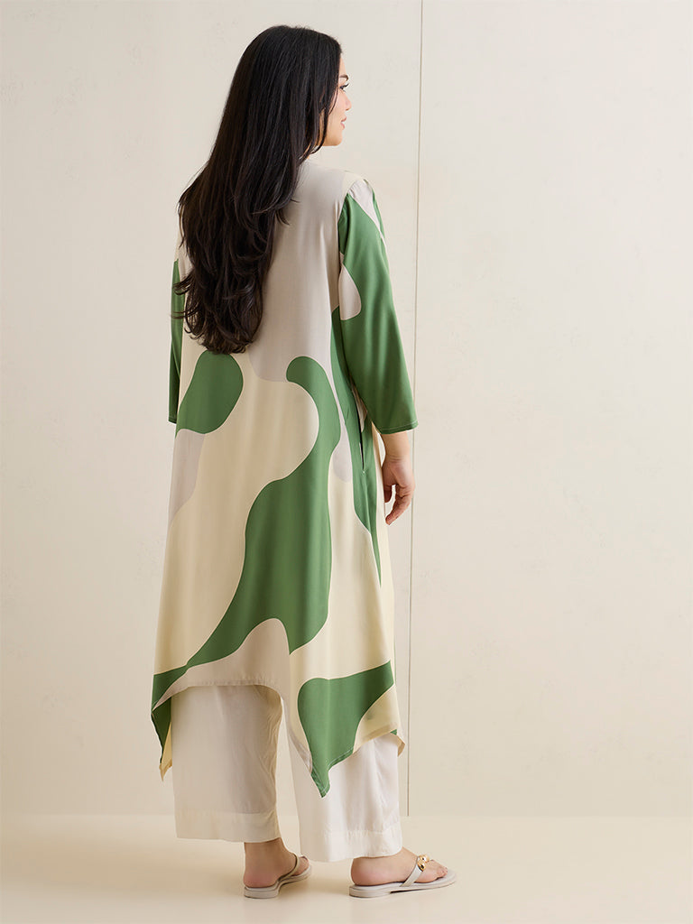Diza Green Abstract Printed A-Line Kurta