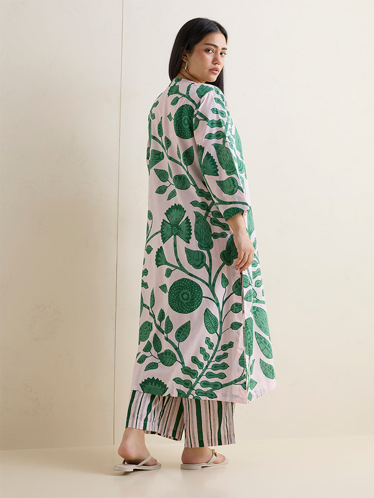 Diza Green Floral Printed Cotton A-Line Kurta