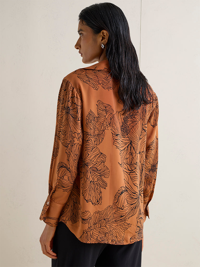 Wardrobe Tan Floral Design Satin Blouse