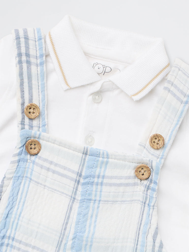HOP Baby Boys Blue Checkered Dungaree with Polo T-Shirt Set