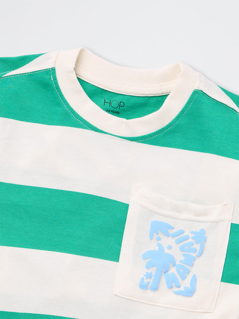 HOP Kids Boys Green Striped Cotton T-Shirt