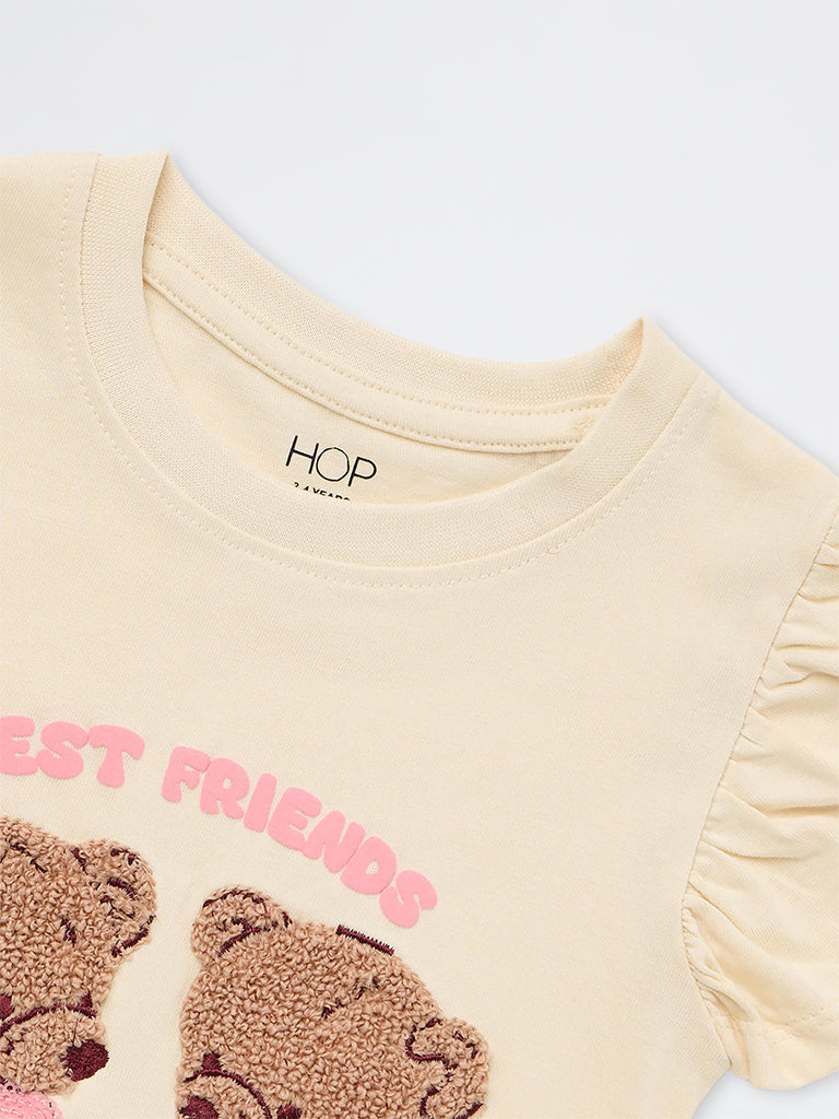 HOP Kids Girls Cream Teddy-Bear Design Cotton Top