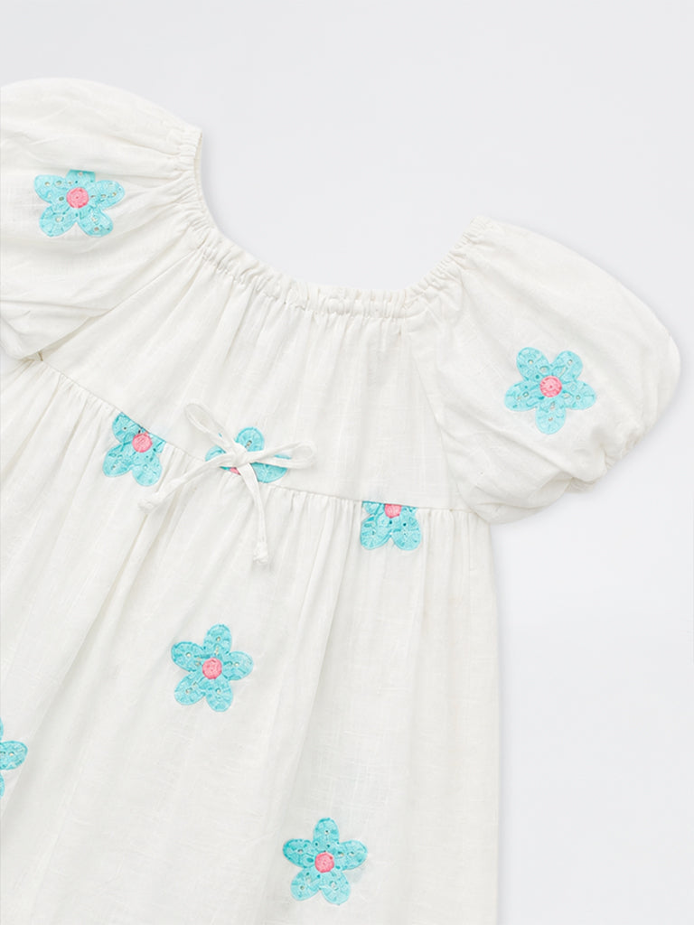 HOP Kids Girls Off-White Floral Cotton A-Line Dress