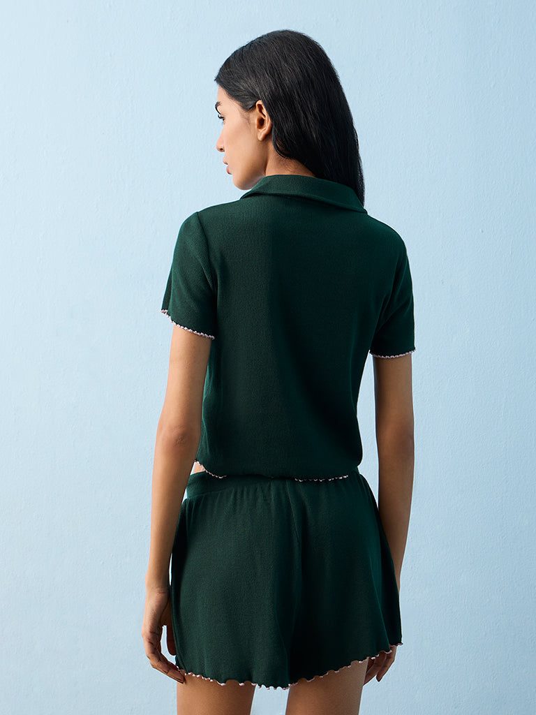 Superstar Green Ribbed-Textured Cotton-Blend Top