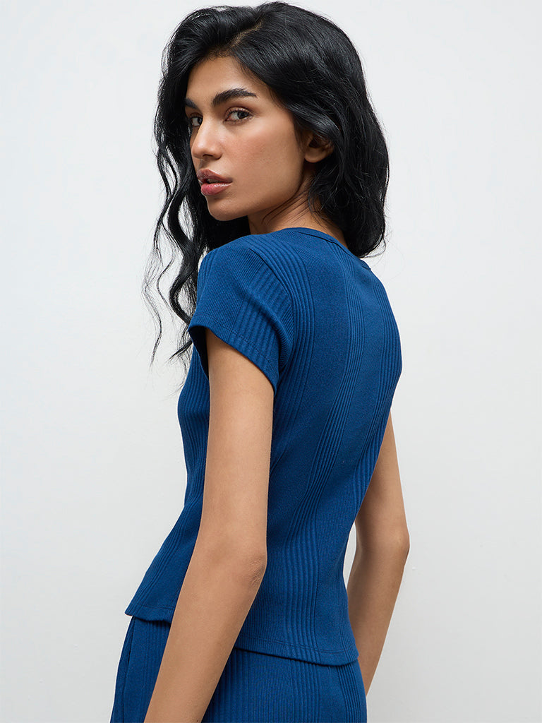Superstar Navy Ribbed Cotton-Blend Top