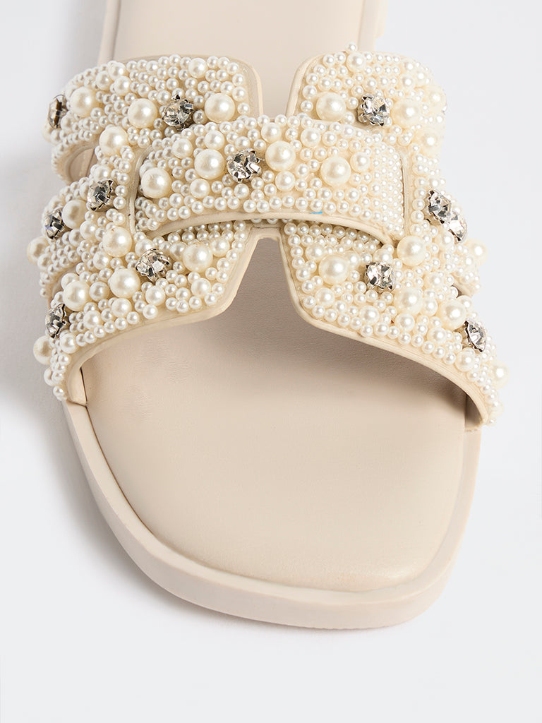 LUNA BLU Ivory Pearl Embellished Slides